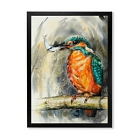 Designart' Uobičajeni Kingfisher Na Grani Koji Jede Malu Ribu ' Tradicionalni Uokvireni Umjetnički Print