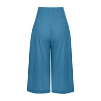 Ženske široke nogavice sa sedam tačaka labave čvrste boje elastični struk ravne pantalone Casual pamuk i posteljina meke udobne pantalone Blue s