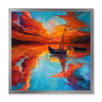 Mali brod za vrijeme tople duboke crvene večernje sjaj Umklameno slikanje umjetnosti