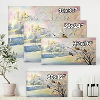 Rustikalni Ptice Sjedi Na Drvetu U Zimskom Selu Slikarstvo Platno Art Print