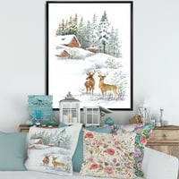 DIZAJNART 'Dvije jelene sa zimskom vikendicom' Seoska kuća uokvirena platna Zidno umjetničko otisak