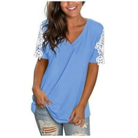 Ženska čipkasta majica sa kratkim rukavima cvjetni Print v bluza za vrat Tops Blue XXL