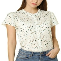Unique Bargains ženske tačke Print Ruffle kratki rukav bluza sa dugmetom