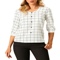 Jedinstvene ponude Ženska plairana bluza rukava Provjerite casual v izrez Top bijeli XL