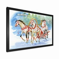 Designart 'Carriage In The Snow With Galoping Horses' Farmhouse Framed Art Print