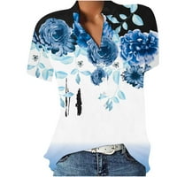 Yinmgmhj Žene Ljeto Ležerne prilike V izrez Lagane bluze Labavi gumb Tunički kratki rukav Plavi + XXL