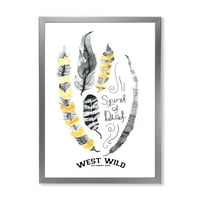 Designart 'Yellow Ethnic Plume Feathers On White' Bohemian & Eclectic Framedred Art Print