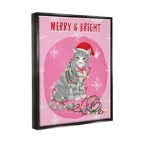 Stupell Industries Merry & Bright Božić Cat Lights grafička Umjetnost Jet crna plutajuća uokvirena platna