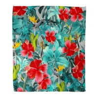 Baci pokrivač toplo udoban Print flanel Tropski plavi cvjetni uzorak listova i crveni hibiskus egzotične