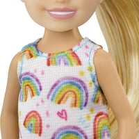 Barbie Chelsea lutka, mala lutka sa crvenom kosom u pigtails i plavim očima u preklopljivoj hambarjskoj