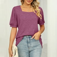 Ljetna bluza Moda žene Casual čvrsti kvadratni vrat bora kratki rukav sa mjehurićima rukav T-shirt dame Top Purple 2XL