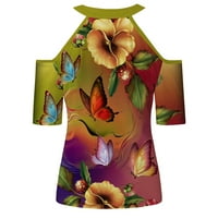 Grafički hladni vrhovi ramena za ženske slatke leptirske ispise T majice Halter V izrez Tunika TEE Ljetne