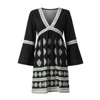 Gotyou haljine Ženska Moda Casual štampani V-izrez srednje dužine tri četvrtine rukav haljina crna XXL
