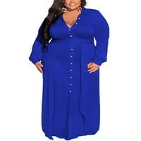 Glonme dame haljina V izrez Maxi haljine Solid Boja Holiday Sexy majica s dugim rukavima Blue XL