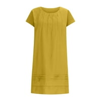 Plus veličina zazor ženske pamučne i posteljine Crewneck Labavi kratki rukav čvrsta mini haljina žuta