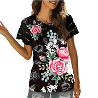 Ženska modna majica cvjetni ispis čipkasti kratki rukav na vrhu okruglog vrata, ljetna casual majica