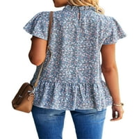 Lumento ženska majica cvjetna majica plisirani ljetni vrhovi modni bluza tunika bluza rukav sa volanima Tee svijetlo plava L