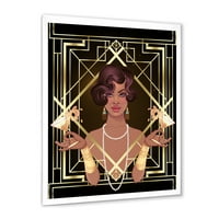 Designart 'Retro Girl In Golden Art Deco Geometrics I' Modern Framed Art Print