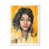 Designart 'Girl Face With Green Eyes & Black Hair Impression' Modern Framed Art Print