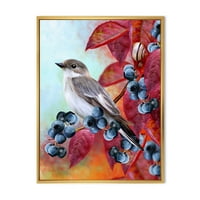 Designart 'Close Up Little Gray Bird On Red Autumn On Blueberry Twig' Tradicionalni Uramljeni Platneni