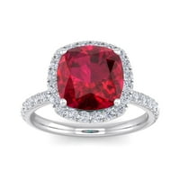 Superjeweler Carat jastuk Cut stvorio rubin i halo dijamantski prsten u srebru sterlinga za žene